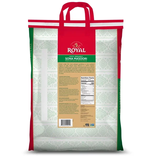 Royal Organic Sona Masoori Medium Grain White Rice 20 lb Bulk Bag